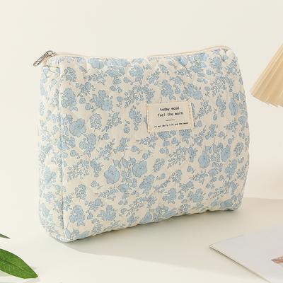 3Pcs Floral Cosmetic Bag Printed Women Quilted Cosmetic Pouch Large Capacity Zipper Closure Girls Cotton Storage Bag Set