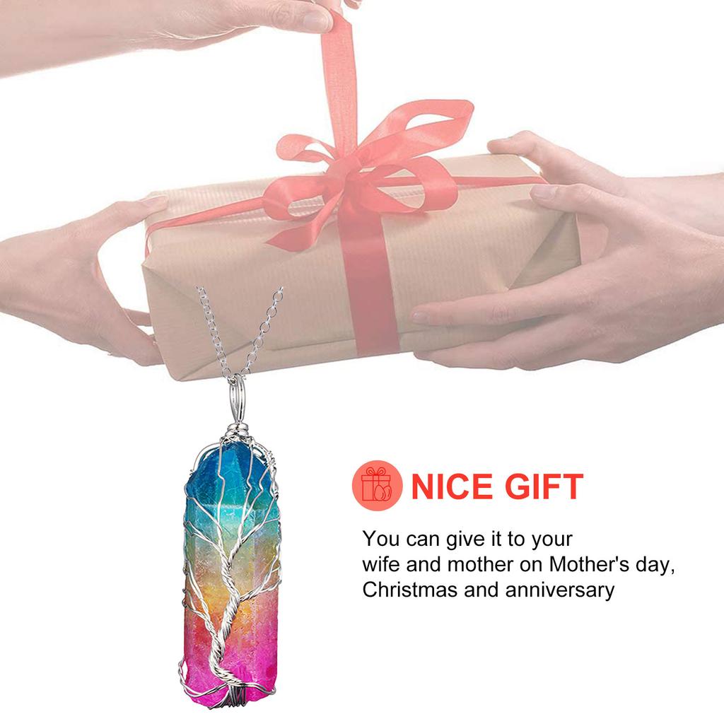 Crystal Chakra Pendant Necklace Tree Of Life Copper Wire Wrapped Birthstone Silver Jewelry Chakra Stones Healing Crystals