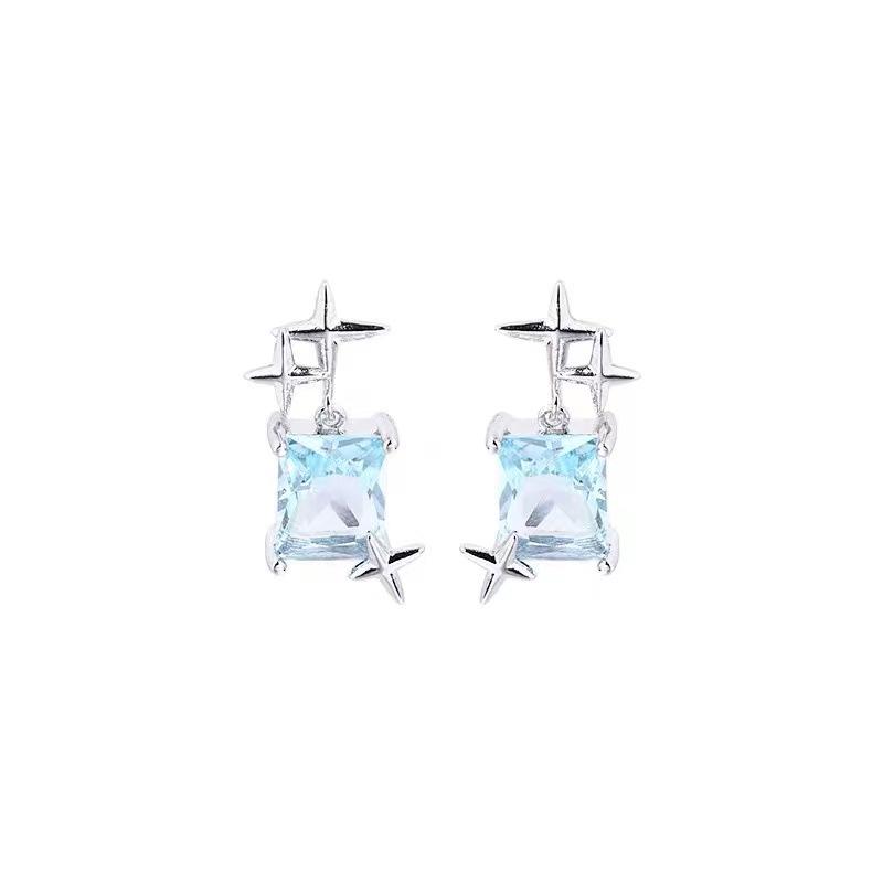 Aquamarine Star 925 Sterling Silver Stud Earrings with Diamonds - Light Luxury Square Design серебряный