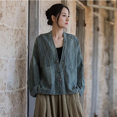 Spring Autumn Women Chinese Style Retro Cardigan Jacket Ramie Button V-Neck Long Sleeve Pockets Solid Color Blouses Tops Women Shirts