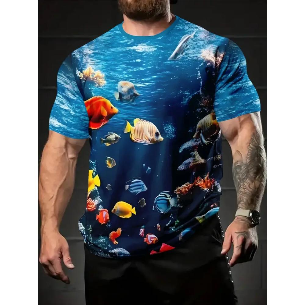 Underwater World Men's T-Shirt Realistic Sea Creatures 3D Print Short Sleeve Fashion Casual Travel Men's Loose O-Neck Breathable T-Shirts