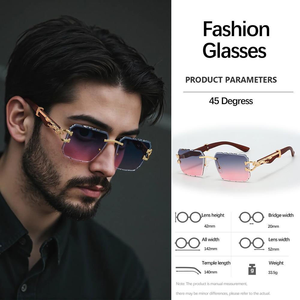 Modern Minimalist Geometric Cut Angle Sunglasses with Carved Frameless Lens Design Exquisite Metal Decoration Sunglasses Men