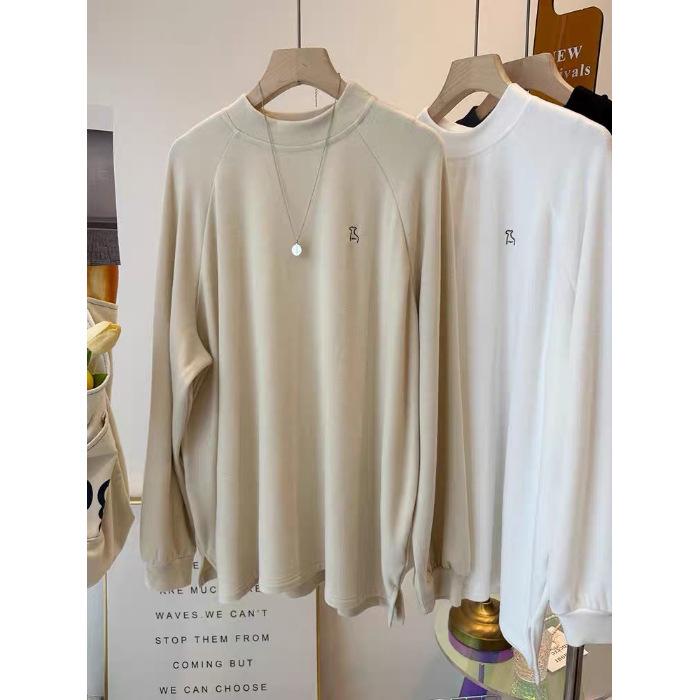

Women s Solid Color Velvet Embroidered Long-Sleeve Half-High Collar Loose T-Shirt. M (up to 120 jin) абрикосовый
