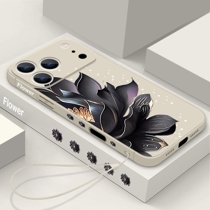 Black Rose Lotus Print Case For iPhone 17 Pro Case for iPhone 17 16 15 14 13 17 Pro Max 16e 15 16 Plus Shockproof TPU Silicone Lanyard Phone Cover