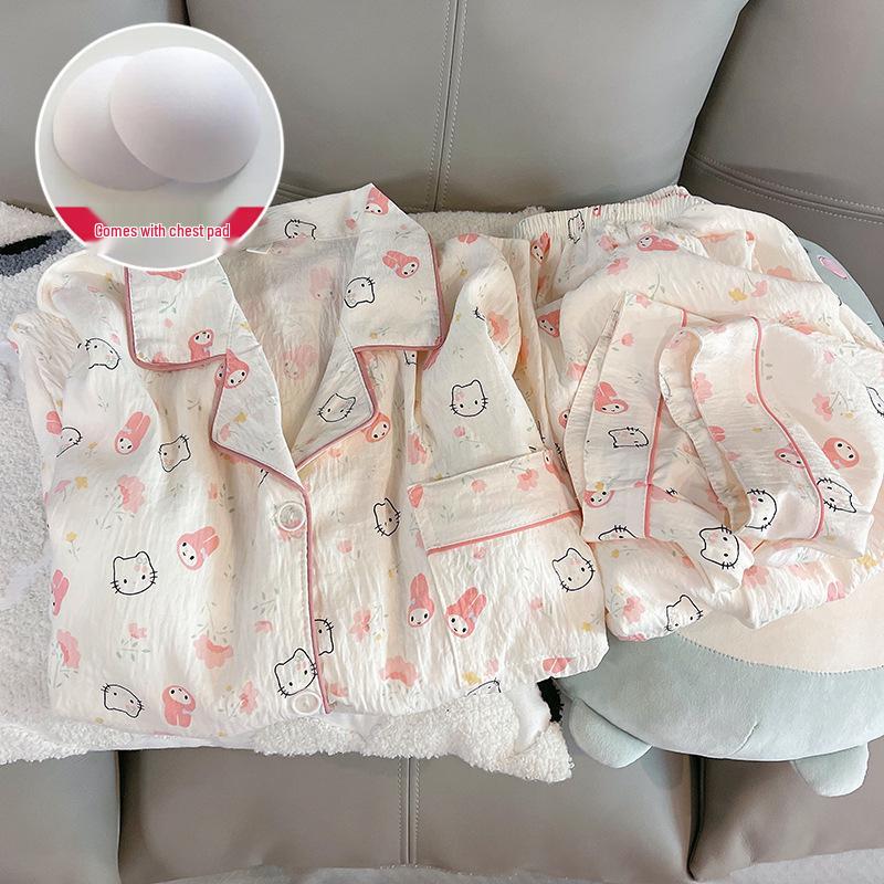 Damen Cartoon Pyjama-Set aus Wolkenbaumwolle mit Brustpolster - Langarm-Cardigan und Revers für Frühling und Herbst