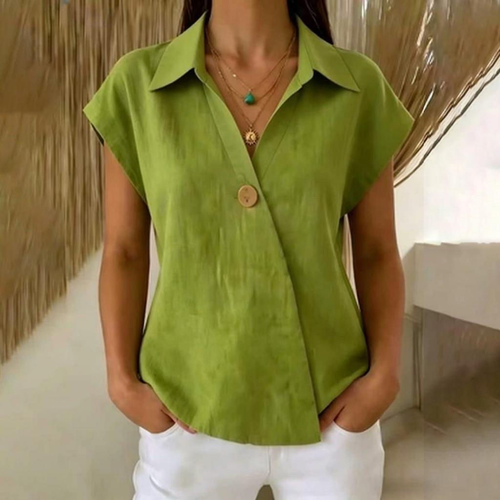 Women V Neck Button Down Shirt Short Sleeve Casual Blouse Lightweight Relaxed Fit Summer Top