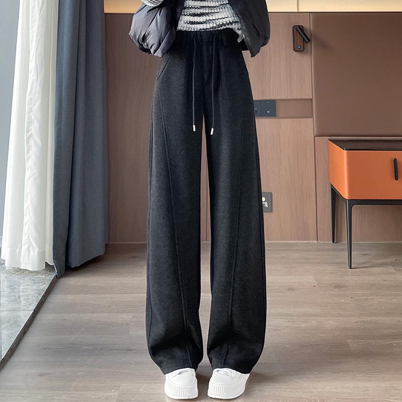Women's High-Waisted Fleece-Lined Wool Wide-Leg Pants - Winter Slimming Casual Floor-Length.