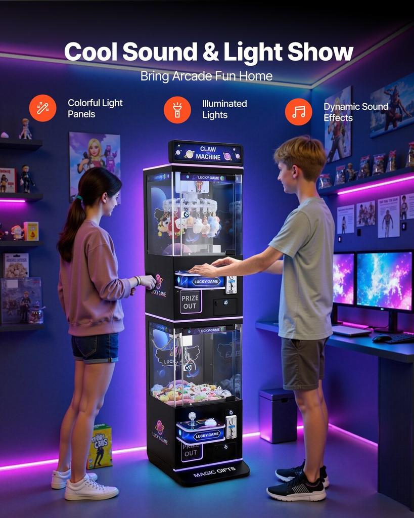 Claw Crane Machine, Medium-Sized Arcade Game Machine with Claw + Grabber Double-Layer, Light & Sound, Toy Candy Grabber Prize Dispenser Vending Toy,