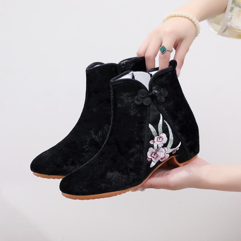 XIHAHA New Fashion Black Velvet Short Booties for Women Retro Crystal Wedding Shoes Woman Embroider High Heels Dance Boots