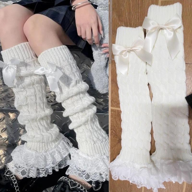 New Japanese Women Knitted Leg Warmer sweet Bow Tiered Ruffled Socks Girl Lace Lolita Socks Calf Lace Leggings Warmers Women
