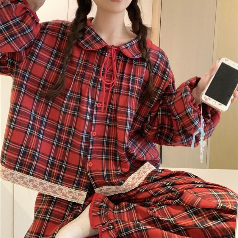 Red Plaid Peter Pan Collar Flannel Pajama Set - Long Sleeve and Pants for Autumn/Winter