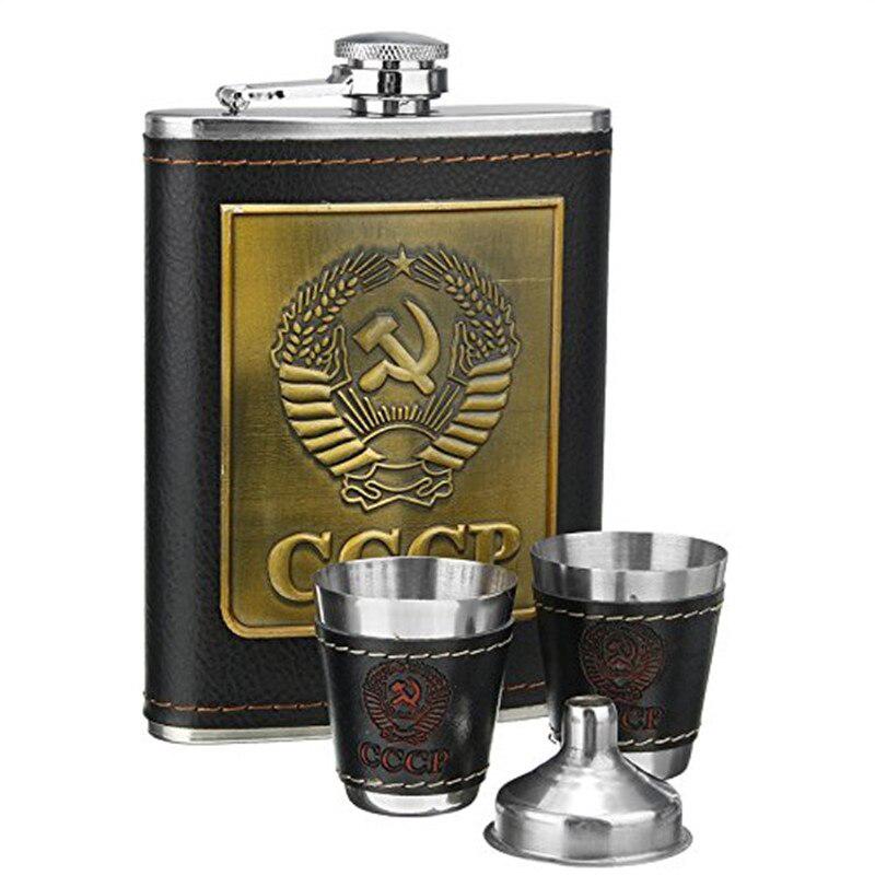 Bpa Free 8oz Whisky Flagon Cccp Stainless Steel Pu Leather Vodka Alcohol Hip Flask SET with Pu Bag