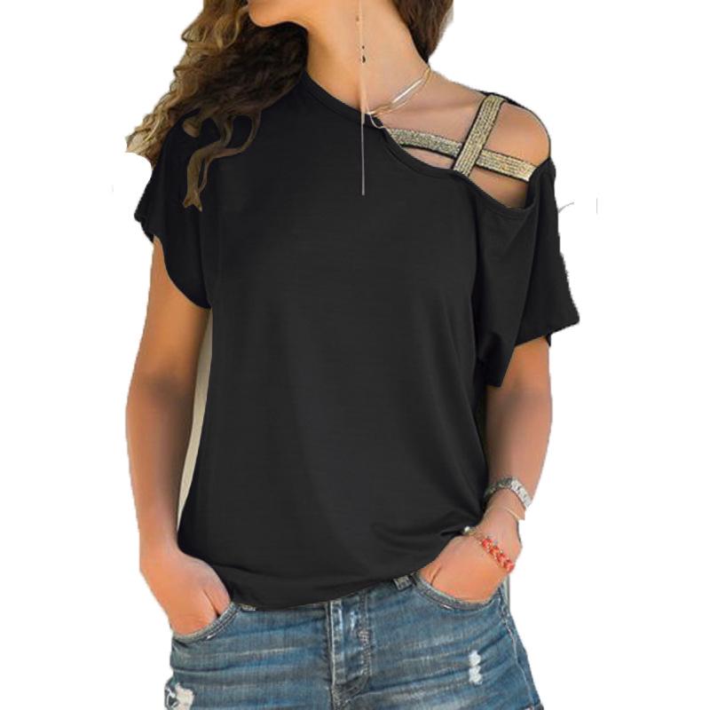 T-shirt Casual da Donna a Spalle Scoperte con Maniche Corte Irregolari per Primavera ed Estate