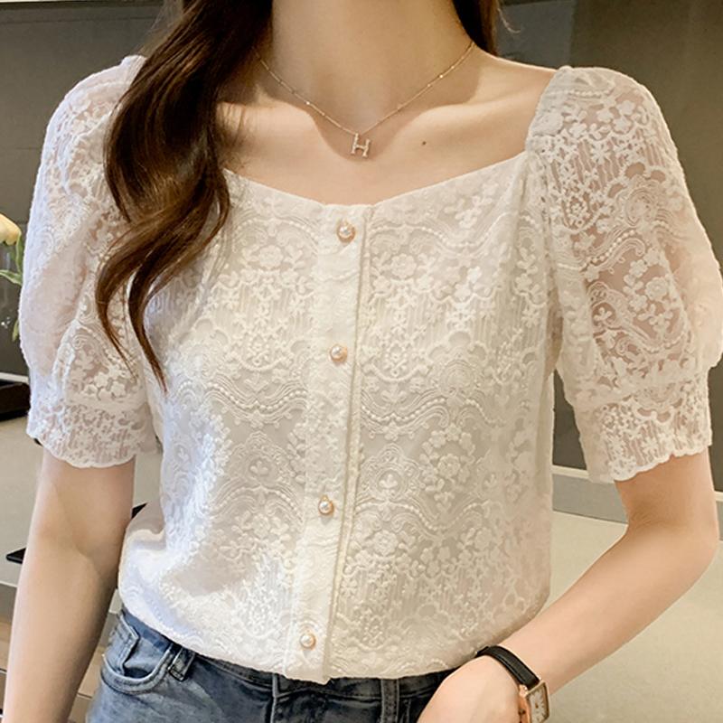 

Модная летняя белая кружевная блузка с коротким рукавом, женская рубашка, топы J243