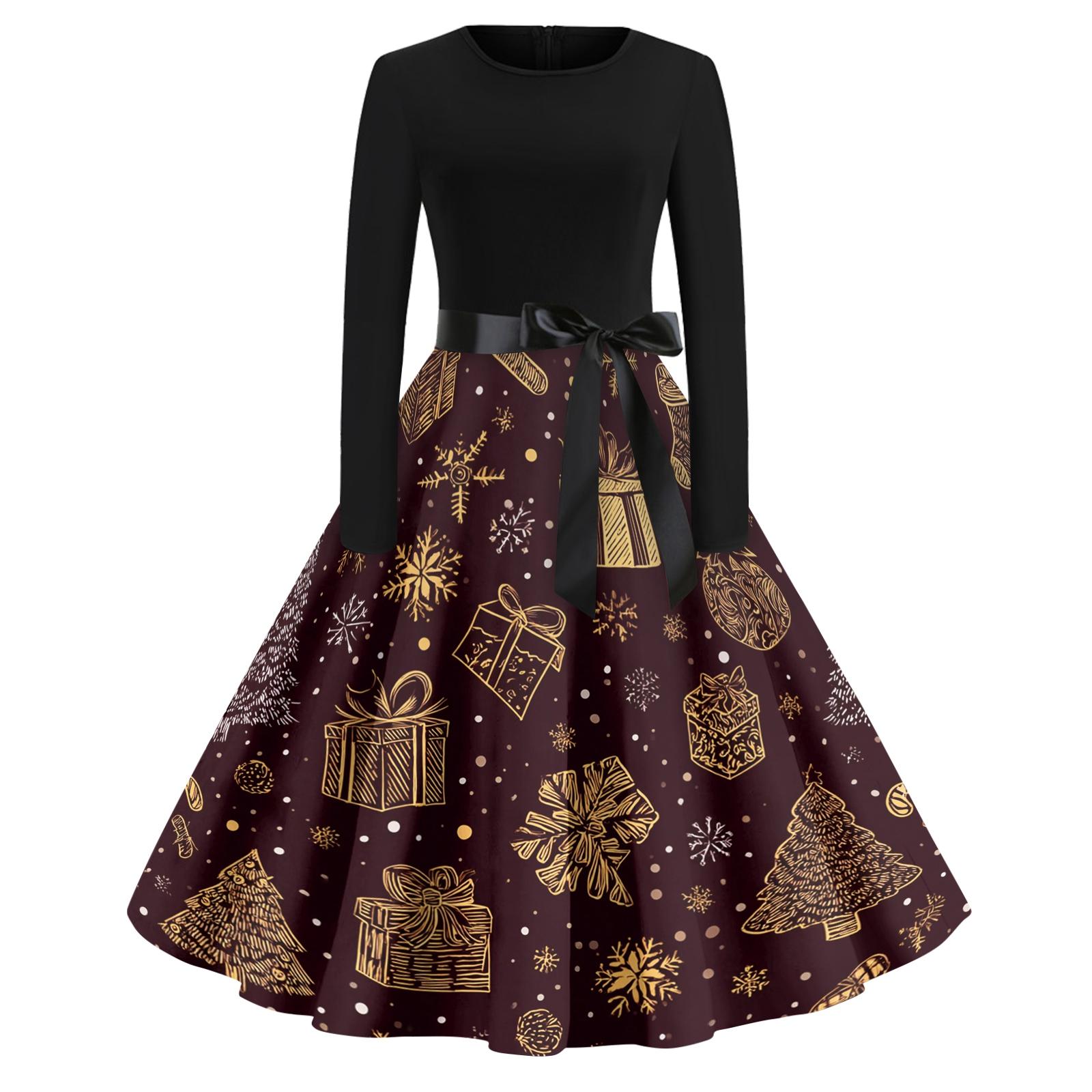 

Women s Casual Fashion Round Neck Christmas Printed Vintage Dress XL