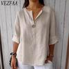 Summer New Loose Women's V-neck Cotton Linen Button Down T-shirt Blouses & Shirts