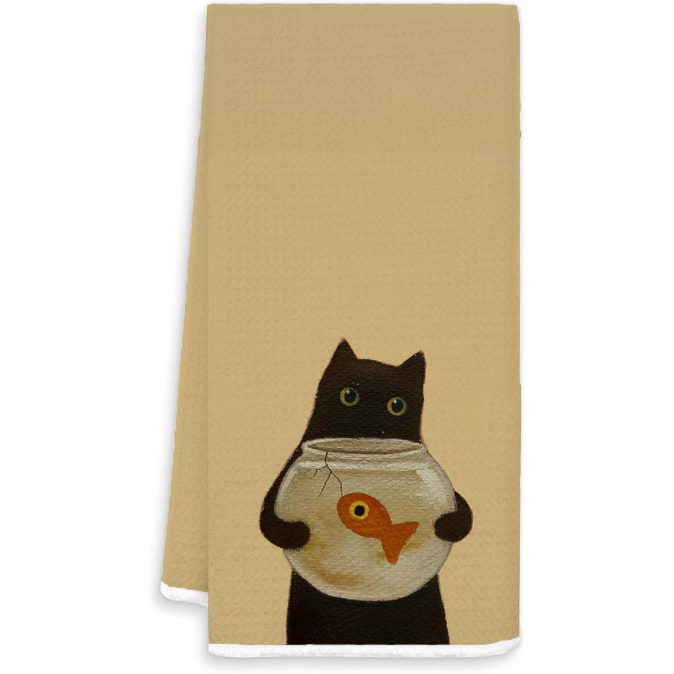 Funny Black Cat and Shark Kitchen Towels, Cat Lovers Gifts Decorative Hand Towels for Bathroom, Abstract Quirky Nautical Kitty Shark Dish Tea Towel White-fish