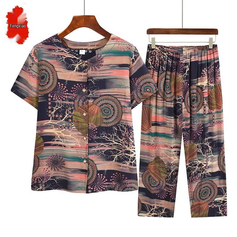 Elderly Women s Cotton Silk Summer Two-Piece Set