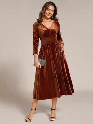 Ever-Pretty Women's Long Sleeves V-Neck High Stretch Smocking Velvet Wedding Guest Dresses