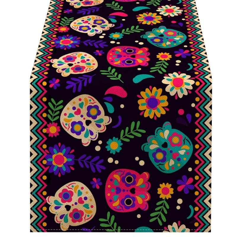 Horror Halloween Skull Table Runner Ethnic Mexico Flower Table Runner Day of The Dead Kitchen Dining Tablecloth Table