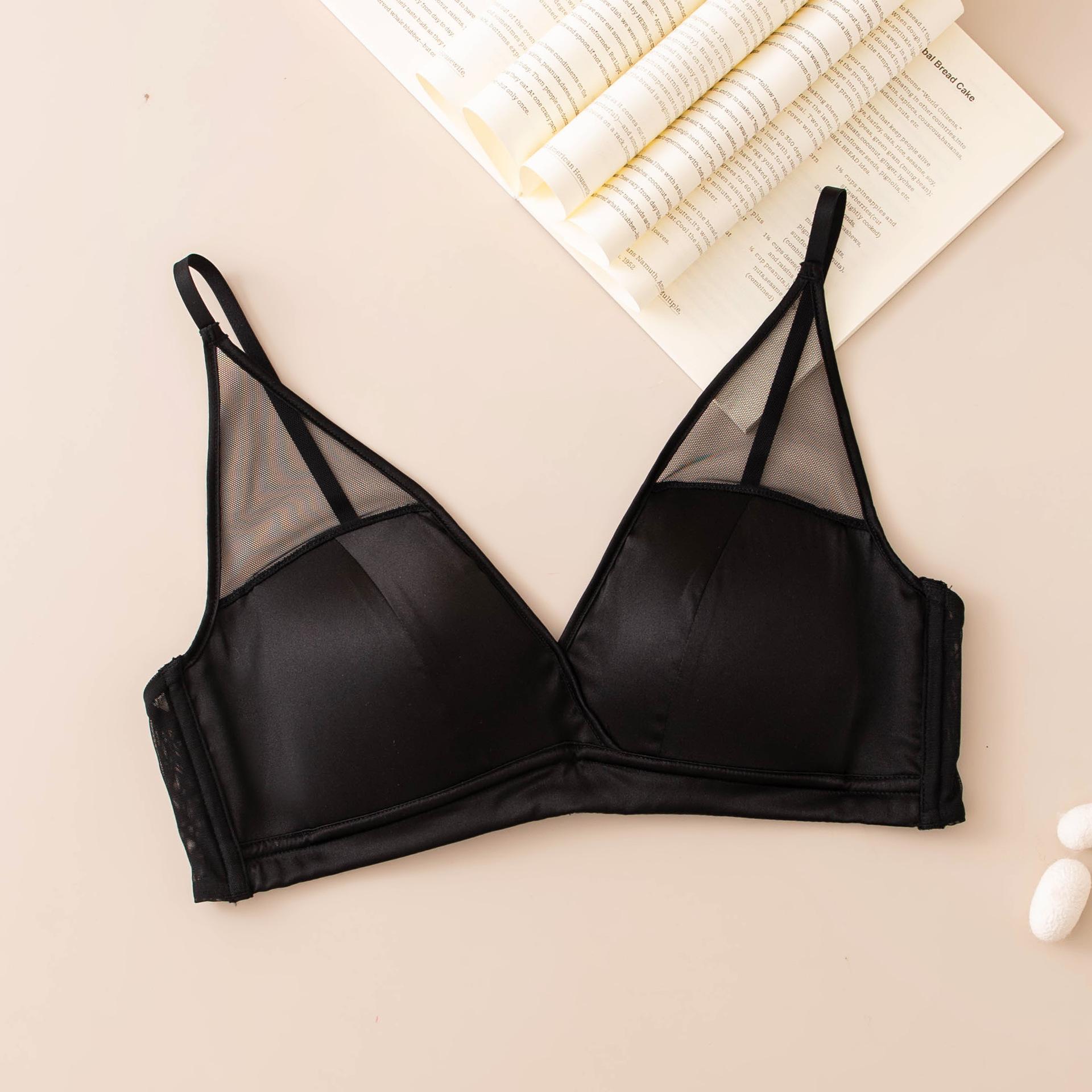 Silk stretch satin double shoulder strap bra Thin small chest Comfortable and breathable mulberry silk silk rimless silk bra S