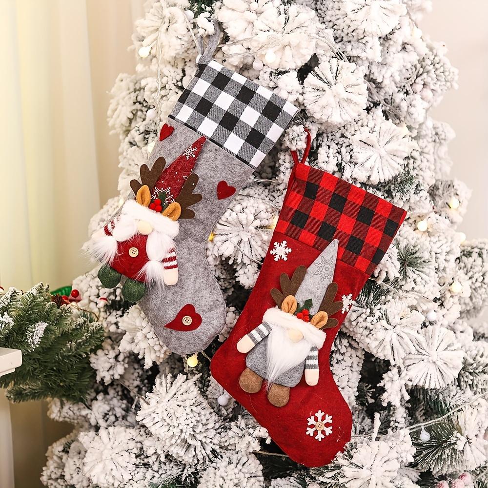 1pc Festive Christmas Stocking with Plaid Trim Cartoon Gnome Design, Perfect for Tree Fireplace Decorations