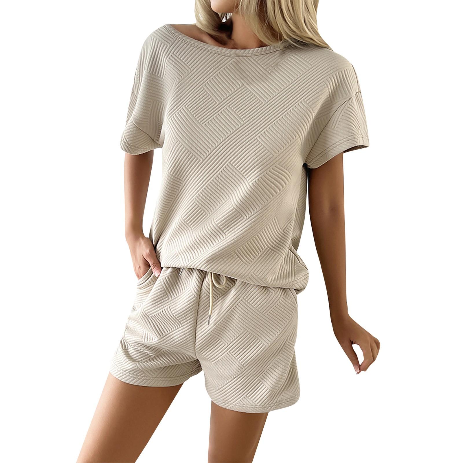 

Женские летние однотонные топы и шорты с круглым вырезом, повседневный комплект из двух предметов L бежевый