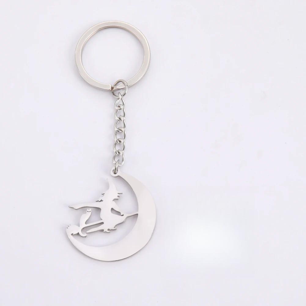 COOLTIME Halloween Cartoon Witch Cat Moon Keychain for Women Men Stainless Steel Gold Color Key Ring Holder Friends Gift Jewelry