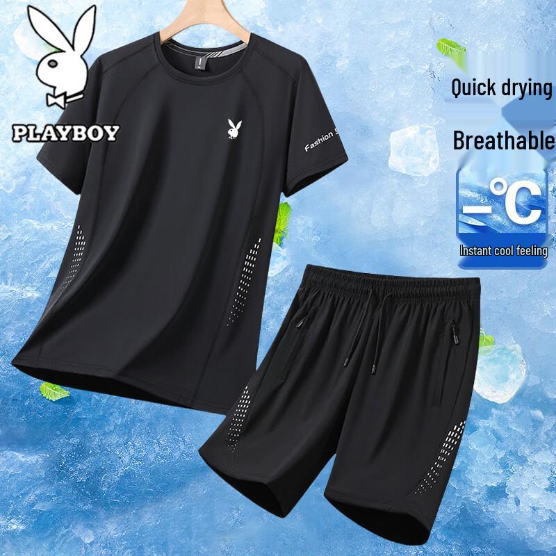

PLAYBOY Men s Ice Silk T-shirt & Shorts Set 4XL