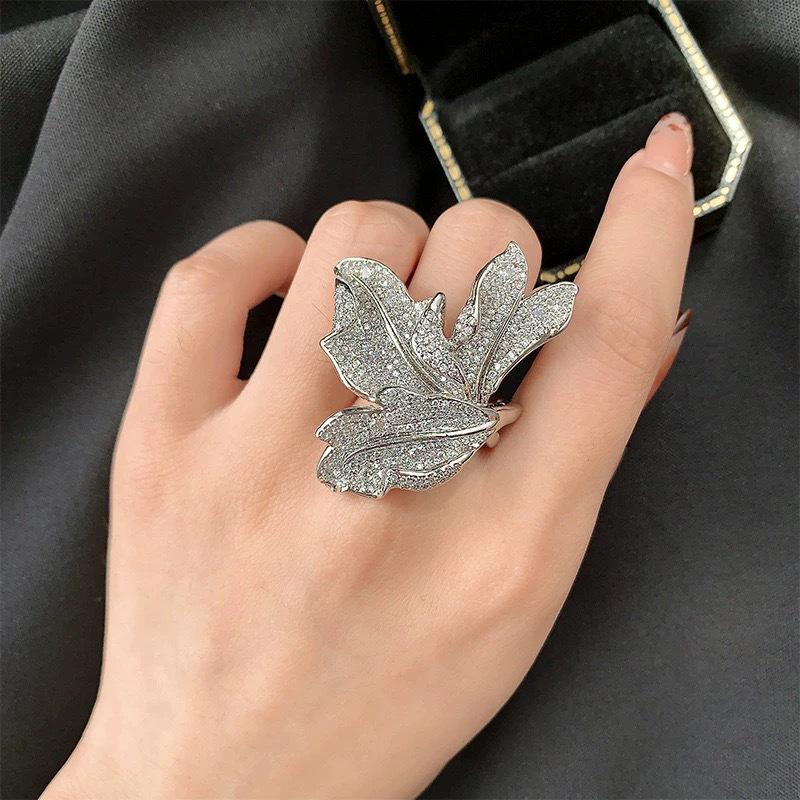 Brilliant Radiance Xiangshan Maple Leaf Zirconia Gem Ring - High-End, Full Diamond, Personalized Openable Design Adjustable Open Size
