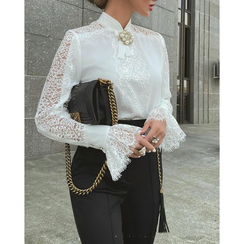 Women Long Sleeved Top Lace Patchwork Flared Sleeves Tops