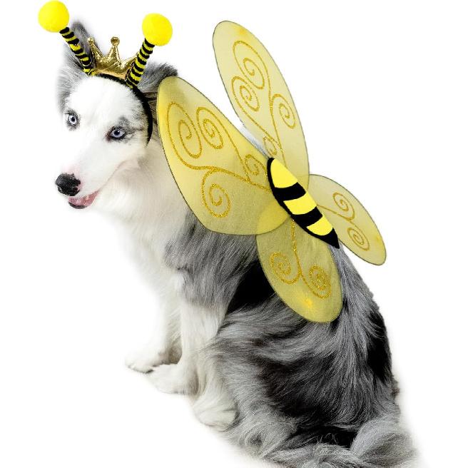 Bee Dog Headband and Wings Costume Set, Bee Wings Headband Accessories for Large Dog Halloween Christmas Birthday Festival Party Cosplay
