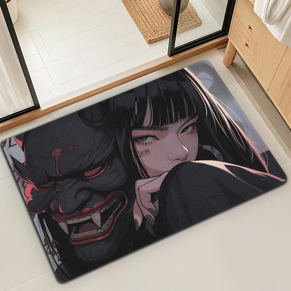 Japanese Samurai Oni Mask Girl Door Mat Bath Microfiber Decorative Versatile Flannel Floor Mat Quick Dry Absorbent Non-slip Sole