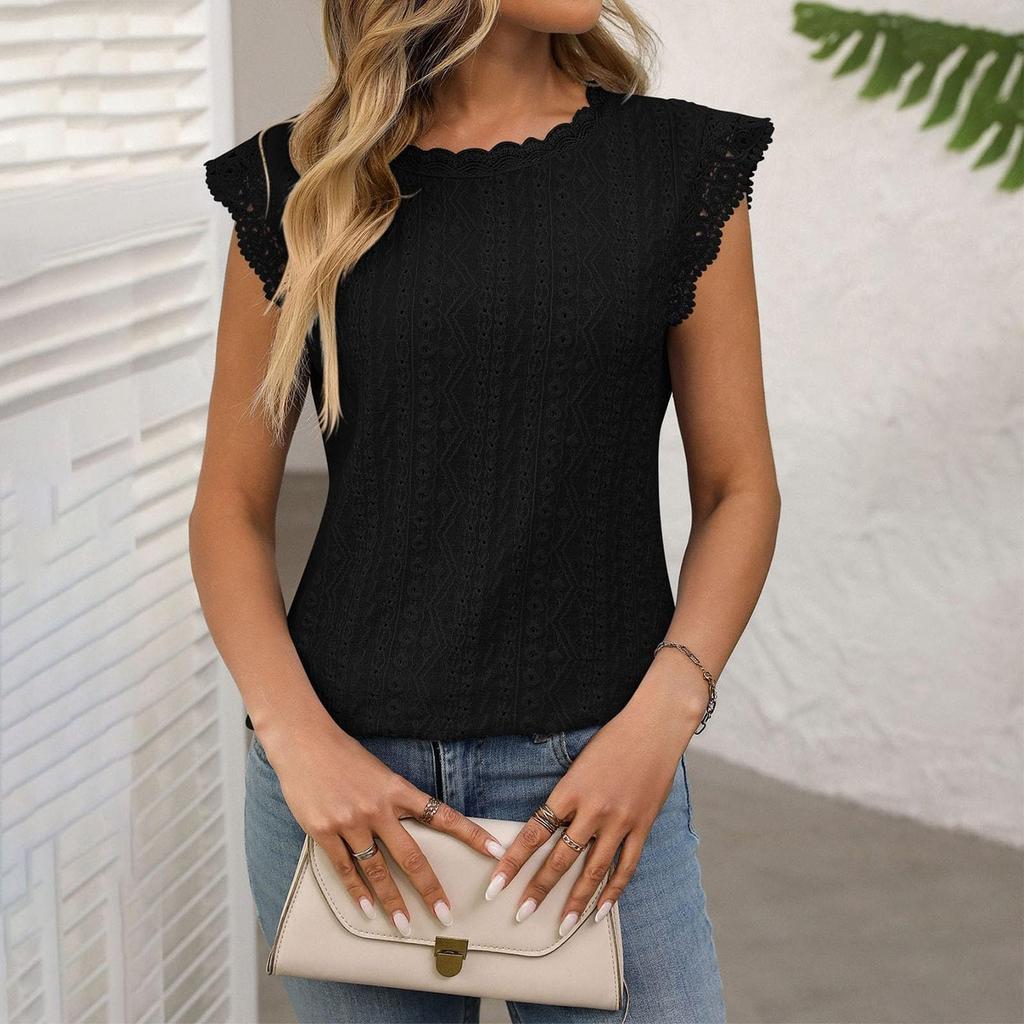 Women Color Round Neck Sleeve Lace Splicing Hollow T-shirt