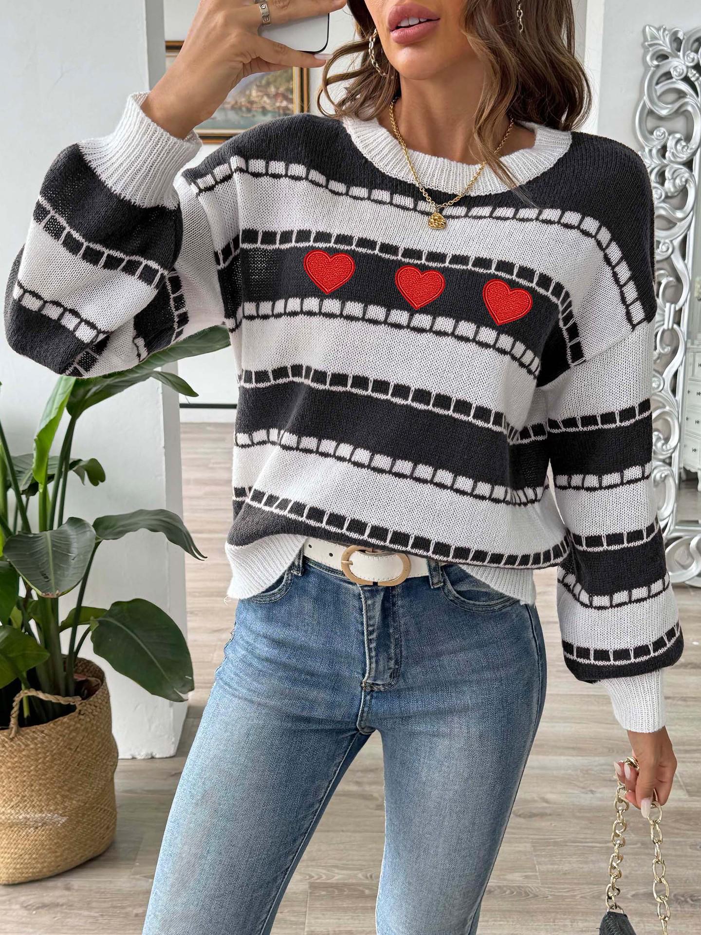 

Women s Color Block Striped Sweater with Heart Embroidery S
