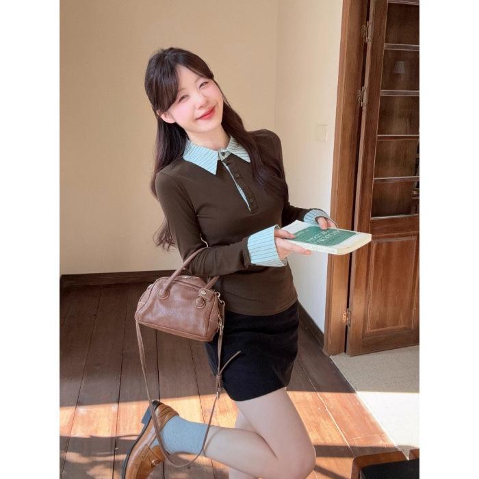 Merlot Plaid Patchwork Cotton-Blend Lapel Long Sleeve Women s Slimming Autumn Top Extra Large