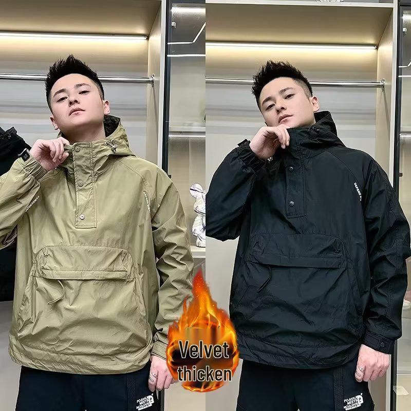 Men's Autumn Hooded Workwear Jacket with Zipper and Large Pocket - Casual, Loose, Trendy, Velvet-Lined