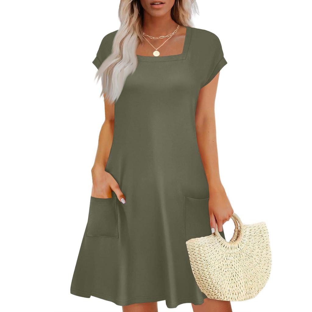 Summer Dresses for Women Loose Square Neck Cap Sleeve Casual Beach Vacation Tshirt Dress Sundresses with Pockets