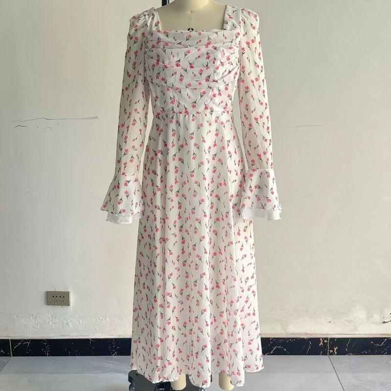 

Fashion Style Fashion Temperament Square Collar Flare Sleeve Floral Dress Horn Sleeve Printed Dress White S