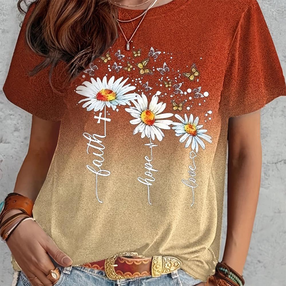

Women s Elegant T-shirt Fashion Flower Print Loose Round Neck Top Gradient Casual Comfortable Short Sleeve Women s Party T-shirt 6XL