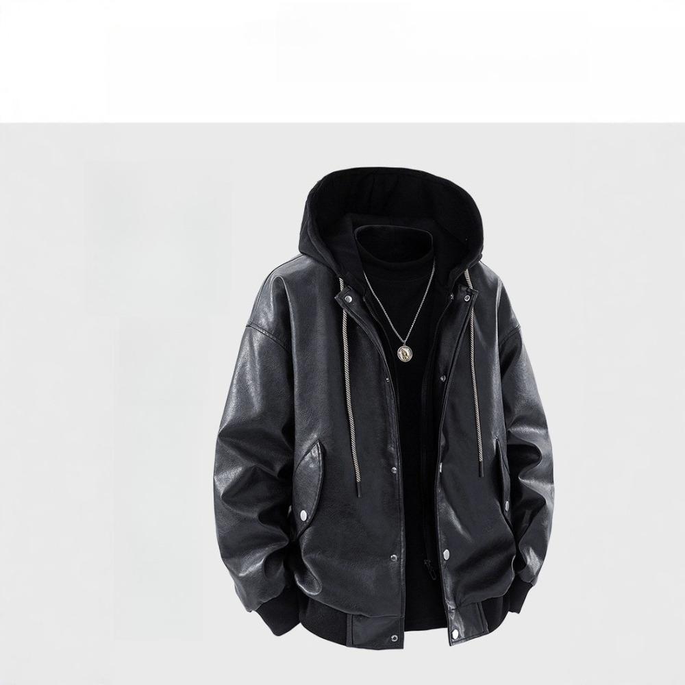 Spring and Autumn New Hooded Fake Two-piece Leather Jacket Men's Riding Motorcycle Street Riding Leather Jacket