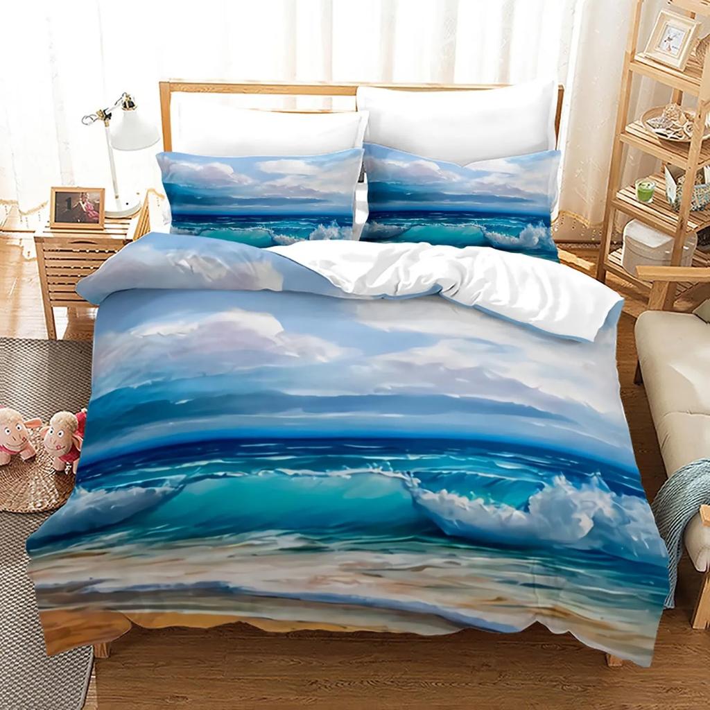 Ocean Bed Linen Package King Dimension Colorful Beach Landscape Bed Cover In Oil Painting Style Famous Hawaii Coastal Polyester Fabric Quilt Cover