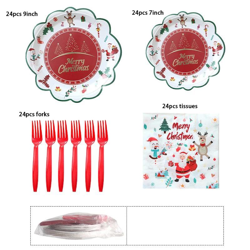 JUSTINLAU Christmas Cutlery Disposable Tableware Set Paper Plates Paper Cups Tissues Tablecloth Dining Plates Christmas Themed