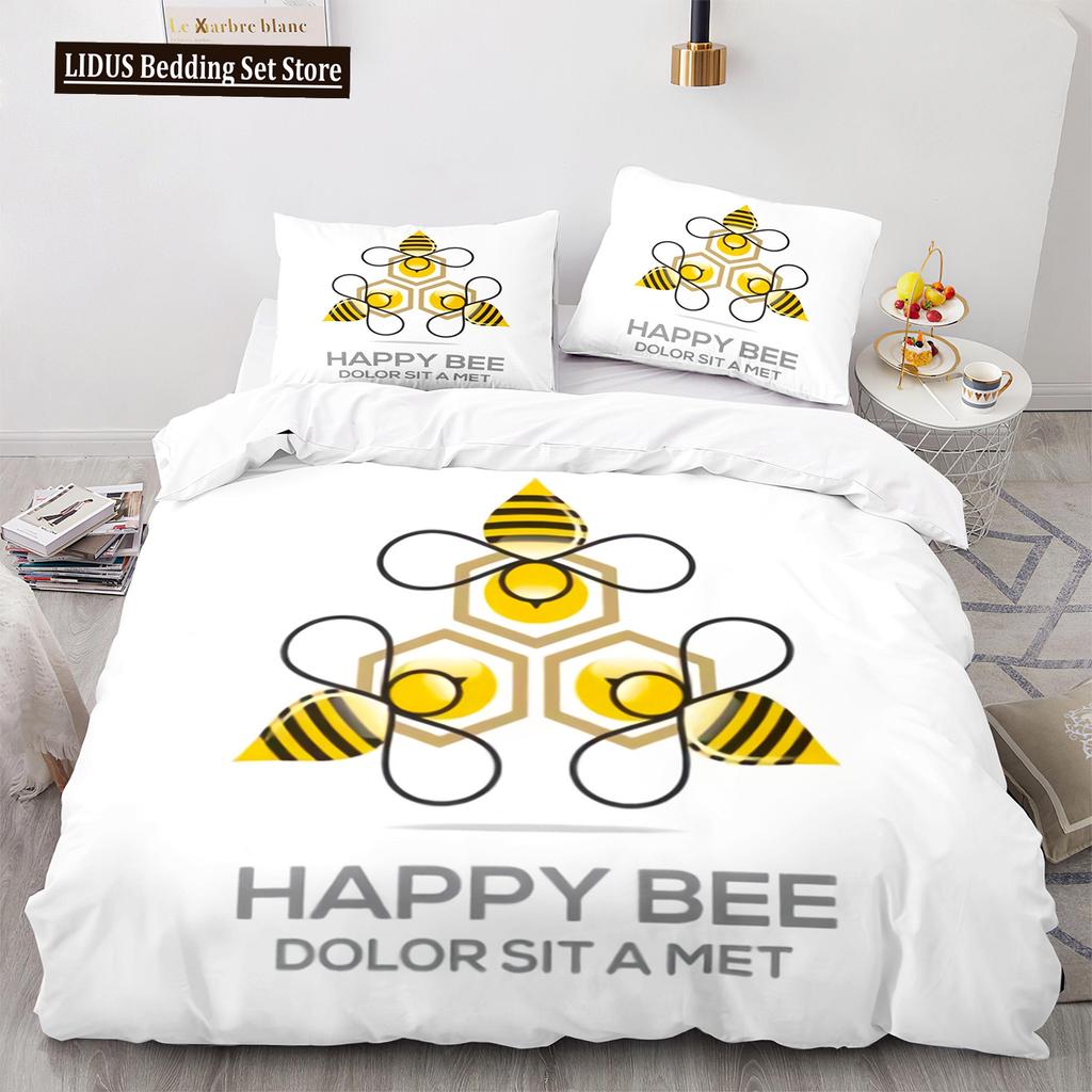 Bee Duvet Cover Set King Queen Size Yellow White Black Cartoon Angry Bee 3D Printed For Kids Boy Girl Teen Polyester Bedding Set