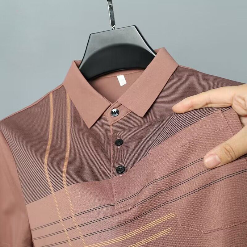 Spring Men Striped Pocket Polo Shirt Casual Business Short Sleeve Top