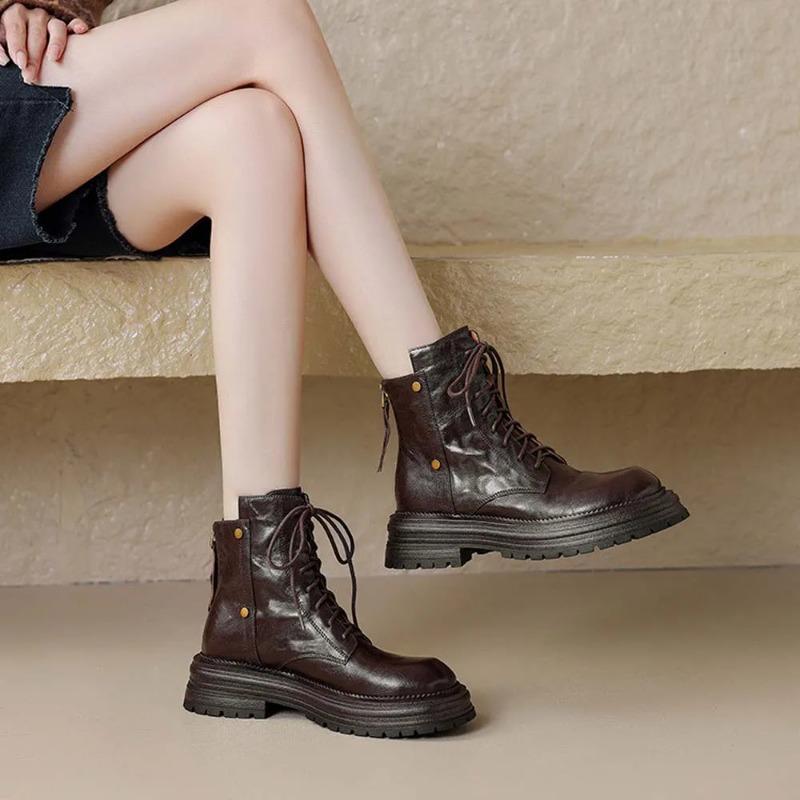 Fashion 2025 New Lace up Women's Boots Spring Autumn Round Head Solid Color Middle Heel Waterproof Commuting British Boots