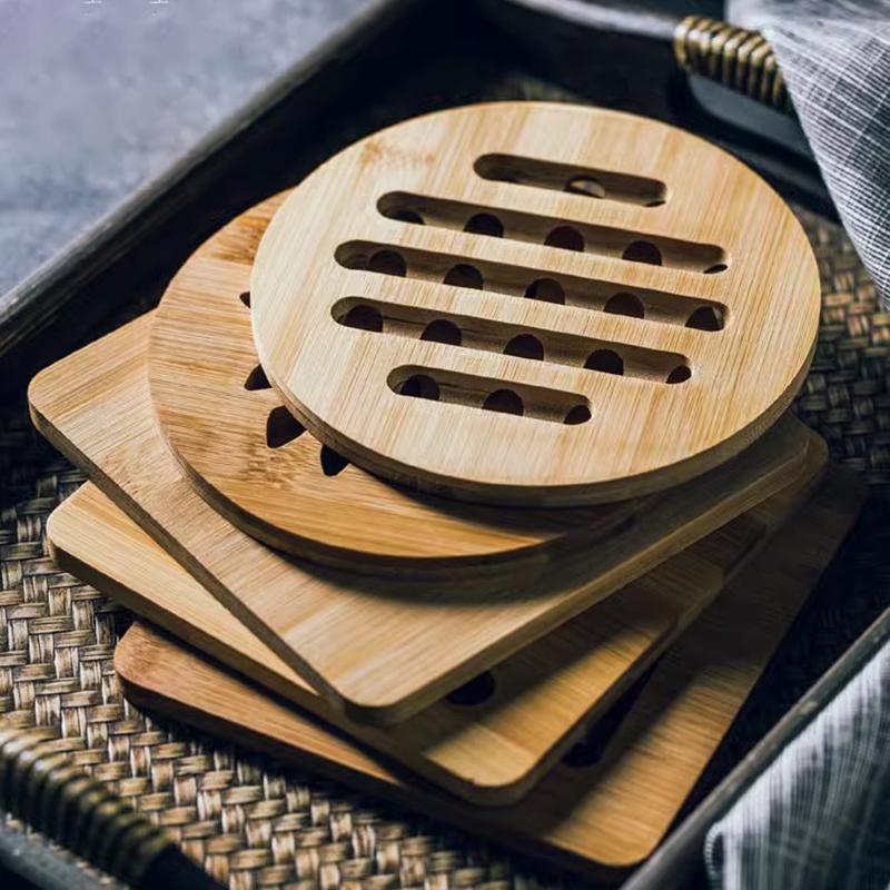 Bamboo Round Table Mat Simple Hollow Pattern Heat Resistant Pot Dish Placemats Anti-slip Protection Table Decorative