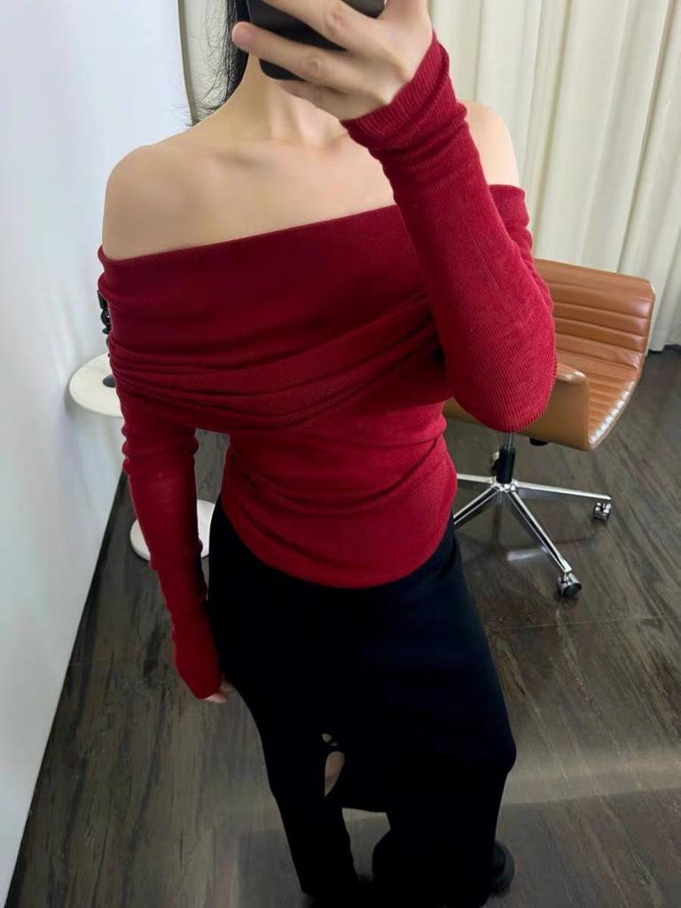 Women's French-Style One-Shoulder Wool Knit Slim Fit Sweater