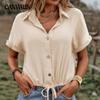 Camisa de verão feminina plus size, cor sólida, botão, cardigan, gravata, manga curta, top