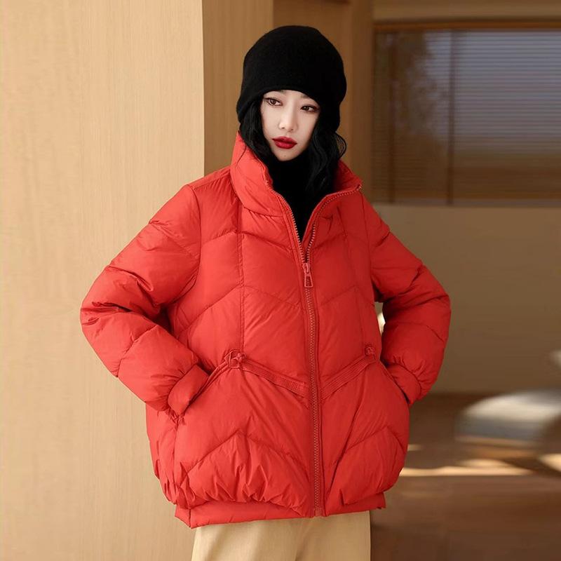 Retro stand-up collar short down jacket women's 2024 winter new fashion buckle warm small white duck down jacket